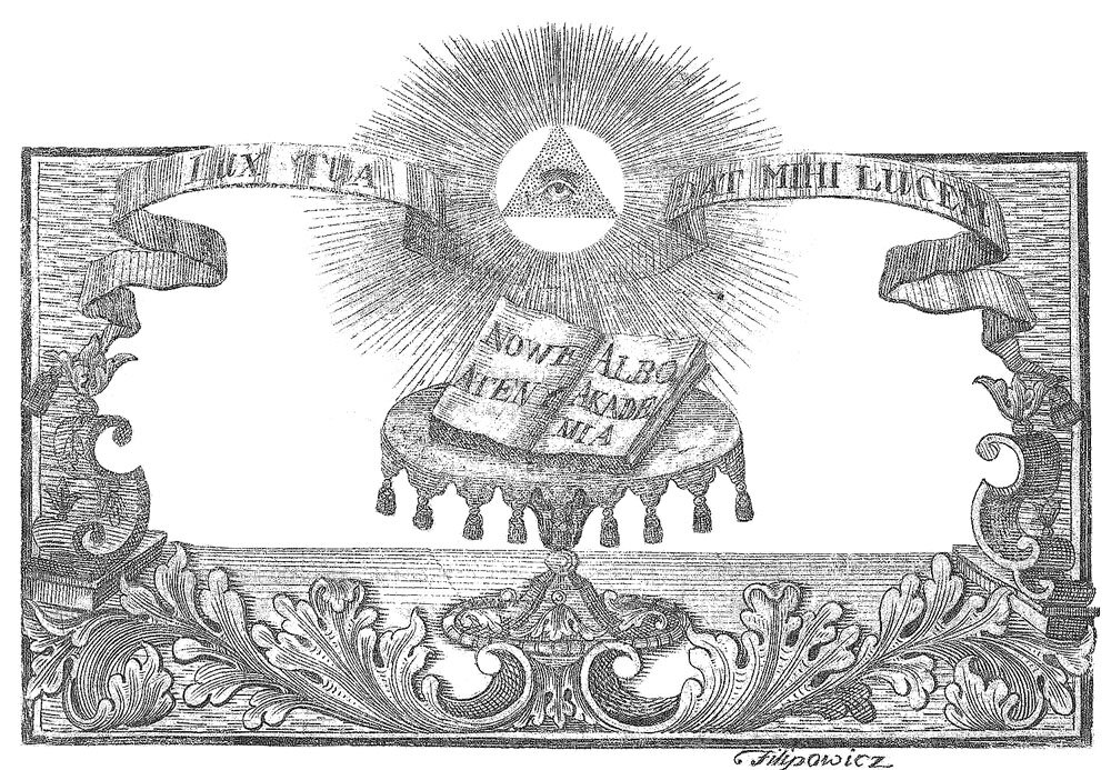 Ilustracja przedstawia kartę tytułową ozdobioną czarno‑białymi rysunkami. Kartka otoczona jest prostokątną ramką, ozdobioną roślinnym ornamentem. Wewnątrz ramki, w centralnym miejscu kartki widnieje okrągły, niewielki stolik na jednej nóżce. Na blacie stolika leży otwarta książka z sentencją w języku łacińskim. Nad stołem unosi się oko wpisane w trójkąt, otoczony kołem, wokół którego rozchodzą się promienie. 