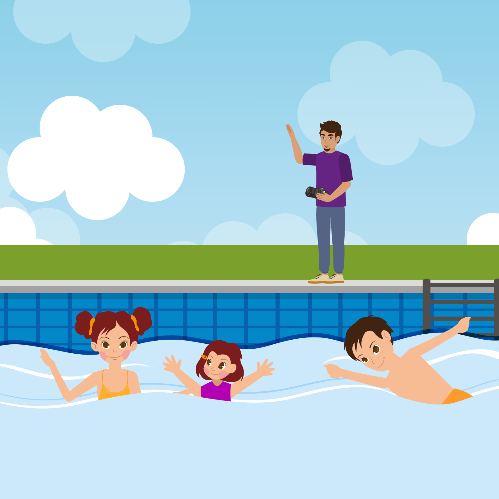 Ilustracja przedstawia troje dzieci pływających w basenie. Na brzegu stoi trener. 