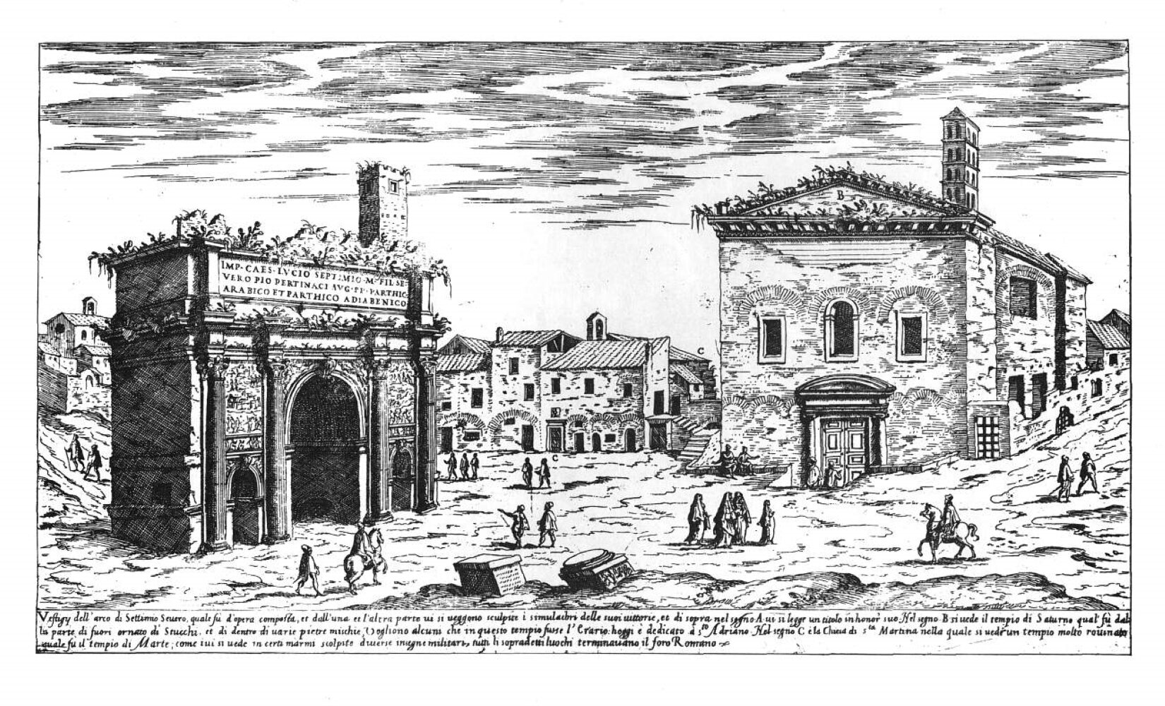 Ilustracja przedstawia rycinę przedstawiającą fragment Forum Romanum. Po lewej stronie stoi łuk triumfalny, po prawej wysoki budynek kryty dwuspadowym dachem. Na placu znajdują się liczni ludzie. W tle pozostała zabudowa miasta.