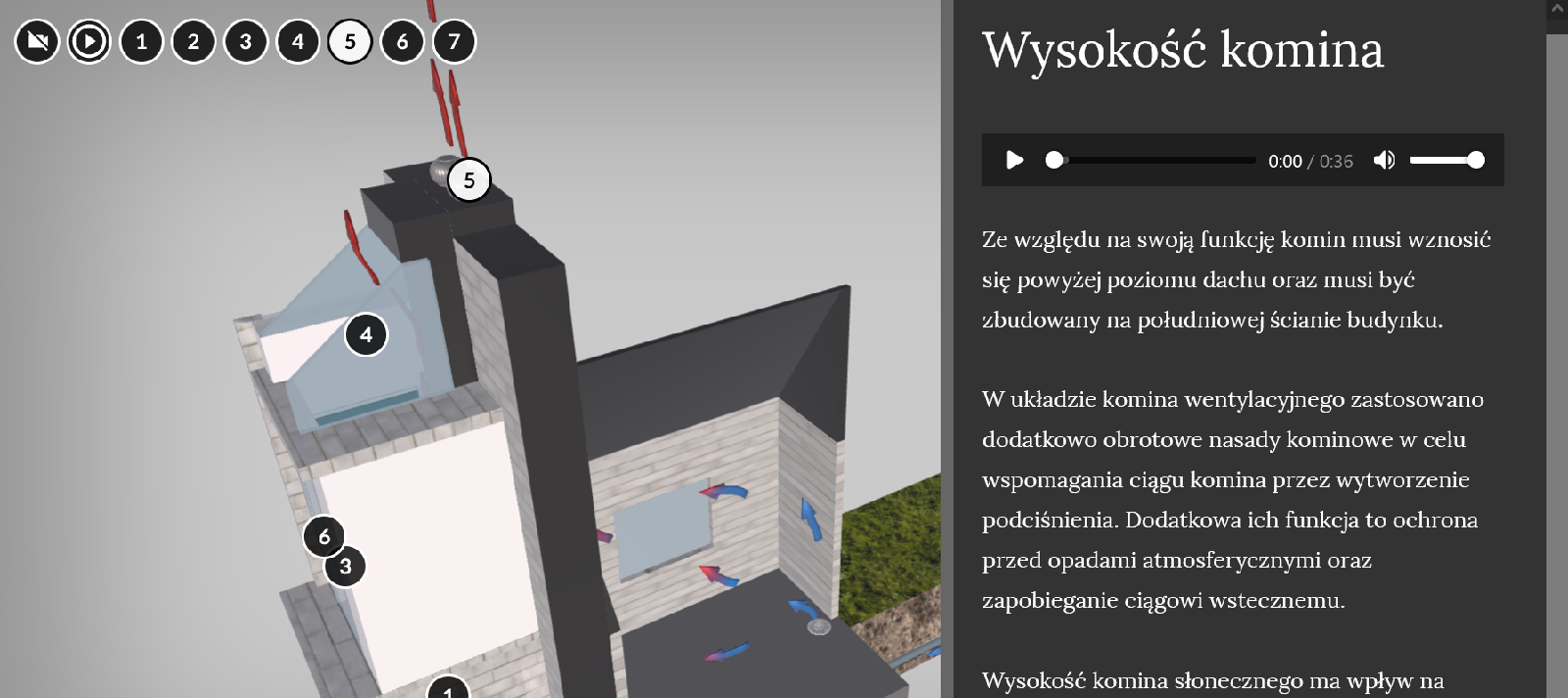 Ilustracja przedstawia wizualizację modelu komina słonecznego. Na modelu widać znaczniki z cyframi. Po prawej stronie widoczny jest wysunięty panel z informacją zawartą pod punktem piątym oraz paskiem odtwarzania z treścią tożsamą.