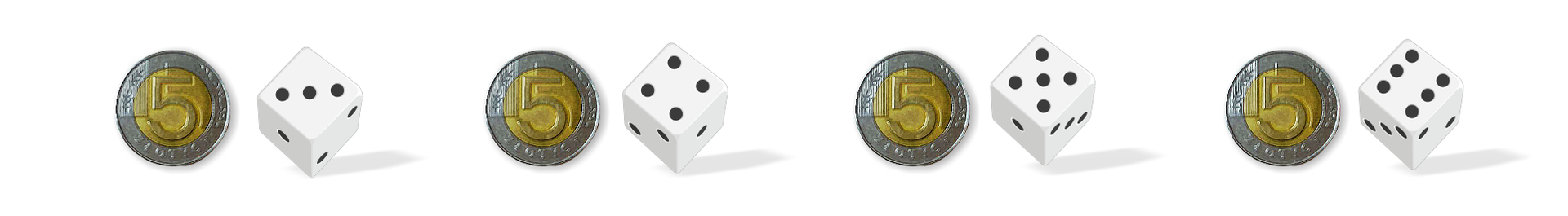 Na grafice ukazane są cztery sześcienne kostki do gry w kolorze białym oraz cztery monety pięciozłotowe odwrócone reszką. Ustawione są naprzemiennie. Na pierwszej kostce wylosowano trzy oczka, na drugiej cztery, na trzeciej pięć, a na czwartej sześć.