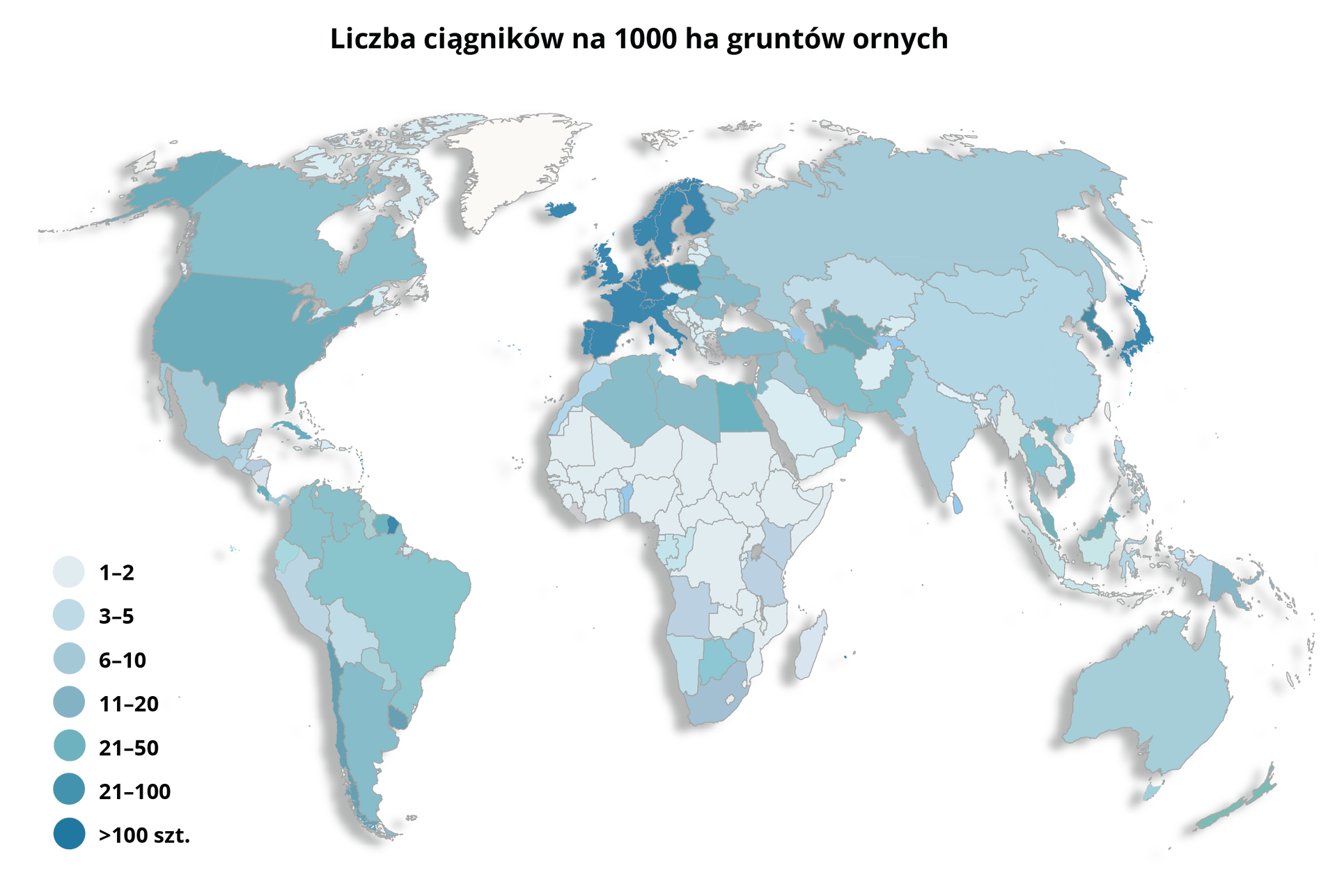Mapa świata przedstawia liczbę ciągników na 1000 hektarów gruntów ornych. Powyżej 100 sztuk występuje w zachodniej Europie, we Włoszech, w Wielkiej Brytanii, Polsce, Norwegii, Szwecji, Finlandii, Korei Północnej i Południowej, Japonii. Od 21 do 100 sztuk występują w USA, Chile, Egipcie, Malezji. od 21 do 50 sztuk występuje w Kanadzie, Brazylii, Argentynie, Kolumbii, Wenezueli, Algierii, Libii, Botswanie, Turcji, Iranie, Pakistanie, Rumunii, na Węgrzech, Ukrainie, Bułgarii, Papui Nowej Gwinei, Nowej Zelandii, Tajlandii. Od 11 do 20 sztuk występuje w RPA, Angoli, Kenii, Tanzanii. Od 6 do 10 sztuk występuje w Meksyku, Rosji, Iraku, Omanie. Od 3 do 5 sztuk występuje w Peru, Boliwii, Maroku, Namibii, Australii, Indiach, Chinach, Mongolii, Kazachstanie, na Filipinach, Indonezji. Od 1 do 2 sztuk występuje w środkowej Afryce w tym w Etiopii oraz w Arabii Saudyjskiej, Omanie.