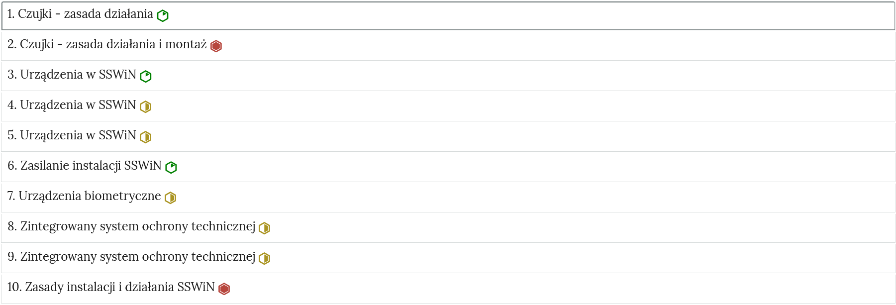 Grafika przedstawia przykładowy wygląd zakładek zawierających interaktywne materiały sprawdzające. Zakładki są ponumerowane, na prawo od tytułów znajduje się oznaczenia poziomu trudności danego ćwiczenia.