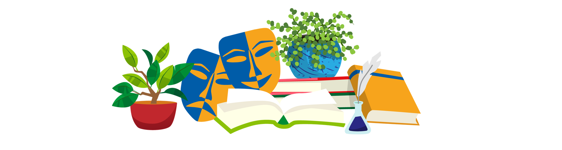 Ilustracja przedstawia kilka przedmiotów ułożonych blisko siebie. Po lewej stronie stoi zielona roślina w czerwonej donicy. Obok jest otwarta książka w zielonej okładce, za którą stoją dwie pomarańczowo‑granatowe maski teatralne. Jedna jest uśmiechnięta, a druga ma smutną minę. Dalej na prawo są dwie książki ułożone jedna na drugiej, a na nich stoi zielona roślina o drobnych listkach w niebieskiej donicy. O dwie książki jest oparta trzecia. Ma pomarańczową okładkę. Po prawej stronie stoi przezroczysty kałamarz wypełniony tuszem. W kałamarzu jest białe pióro.