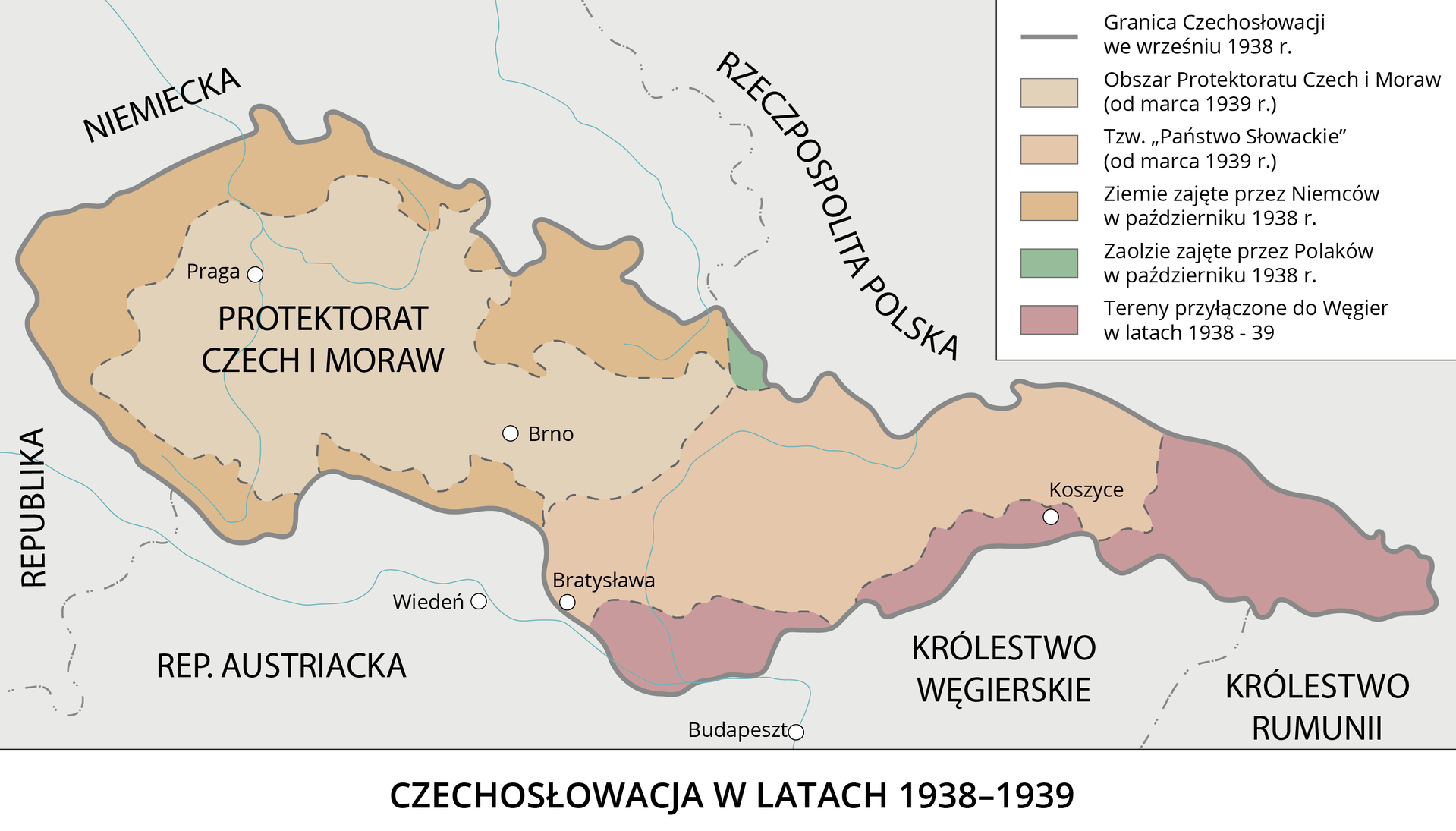 Mapa Czechosłowacji z lat 1938-1939.