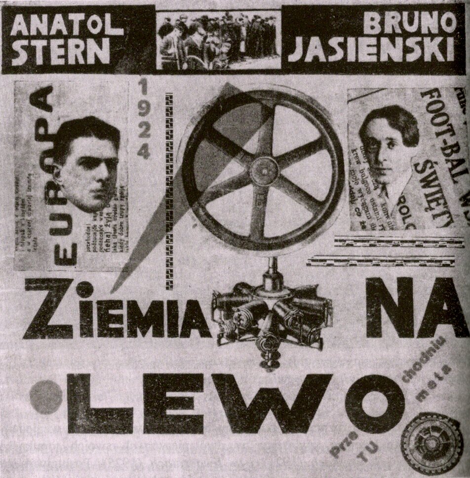 Zdjęcie przedstawia okładkę książki Ziemia na lewo. Widoczne są na niej nazwiska autorów oraz ich portrety. Widać także kierownicę i jakąś część silnika. Na okładce pojawiają się rozrzucone figury geometryczne - trójkąt i koło.