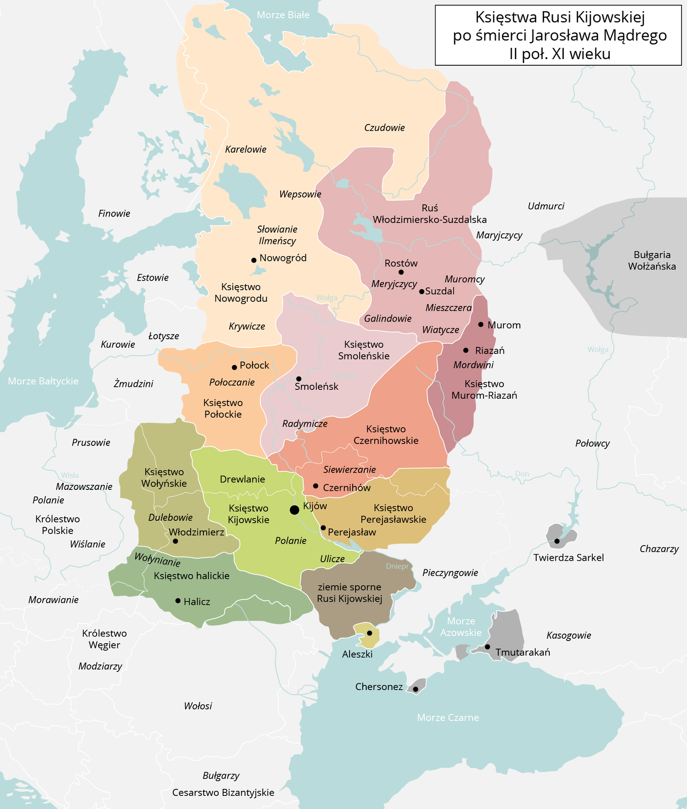 Mapa przedstawia wschodnią Europę. Ukazuje ona rozpad Rusi Kijowskiej po śmierci Jarosława Mądrego. Nowopowstałe księstwa to Księstwo Nowogrodu, Ruś Włodzimiersko‑Suzdalska, Księstwo Murom‑Riazań, Księstwo Czernihowskie, Księstwo Smoleńskie, Księstwo Połockie, Księstwo Wołyńskie, Księstwo Kijowskie, Księstwo Halickie i Księstwo Perejasławskie. 