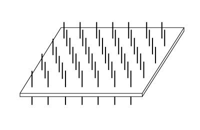 Rysunek przedstawia wkładkę kolczastą dwustronną. Z kwadratowej płytki po obu stronach wystają kolce.