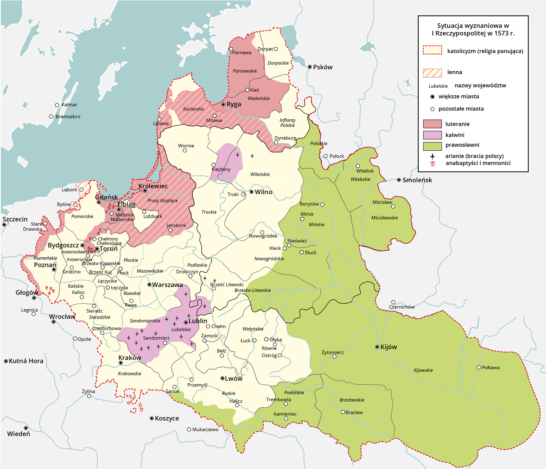 Mapa przedstawia sytuację wyznaniową w pierwszej Rzeczypospolitej w 1573 roku. Obszary, gdzie przeważali luteranie to: Parnawa, Kieś, Ryga, Królewiec, Gdańsk. Kalwini: Klejdany, Lublin, Sandomierz. Prawosławni: Witebsk, Mścisław, Mińsk, Słuck, Kijów, Połtawa, Żytomierz, Trembowa, Bracław, Kamieniec.