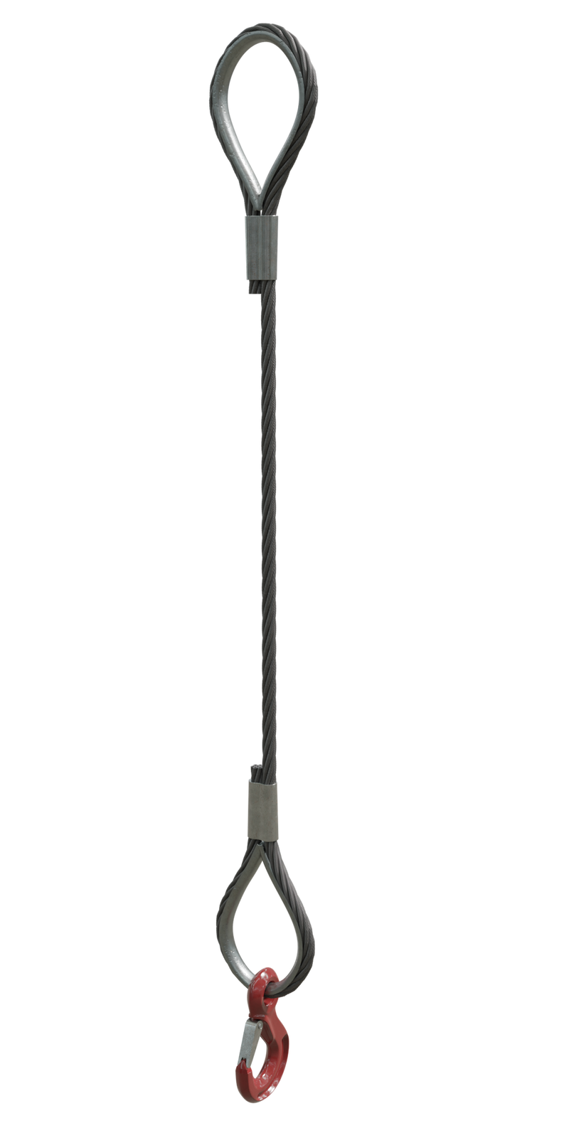 Na zdjęciu przedstawione jest zawiesie linowe jednocięgnowe zakończone z jednej stron hakiem z zabezpieczeniem z drugiej strony uchem z kauszą. Podstawą zawiesia jest stalowa lina. Splotki liny nachodzą na siebie tworząc strukturę zbliżoną do warkocza. Na dole i górze zdjęcia lina zakręca tworząc pętle. Końcówka liny po obu stronach jest spięta z główną części liny w okolicach początku pętli, stalową obejmą. Obejma jest zbliżona kształtem do cyfry osiem. Lina formująca, oczka w pętli przylega do kauszy czyli kształtki metalowej. Klausza zbliżona jest kształtem do łzy.Na dolnej pętli znajduje się czerwony hak. Hak wyposażony jest w zapadkę zamykającą ucho.