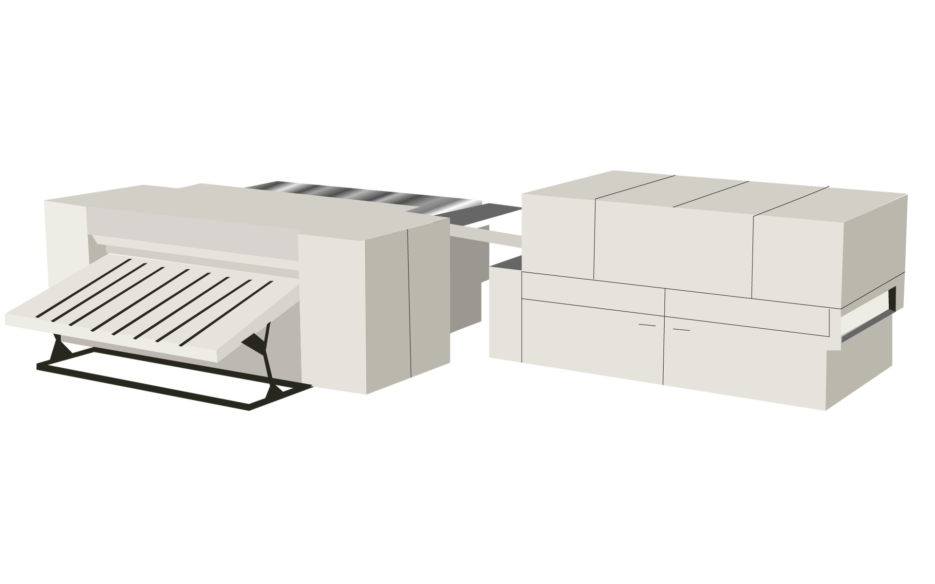Zdjęcie przedstawia poglądowo przykładową naświetlarkę bębnową CtF w ujęciu z boku. Widoczne jest szare urządzenie, składające się z dwóch części, zbudowane z RIP oraz z komory z laserem naświetlającym.
