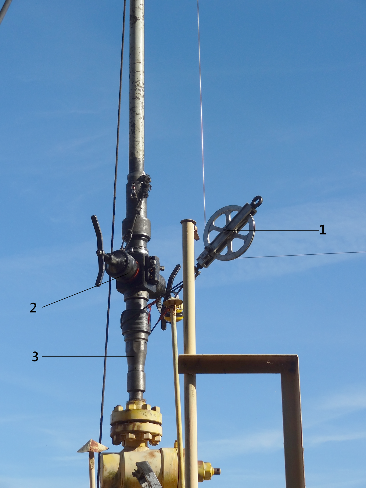 Prewenter zamontowany na głowicy eksploatacyjnej służy do awaryjnego zamknięcia wylotu odwiertu. Zamknięcie może nastąpić nawet w sytuacji, gdy w odwiercie znajdują się przyrządy pomiarowe.1 – krążek linowy,2 – prewenter pojedyńczy,3 – łącznik śluzy pomiarowej.