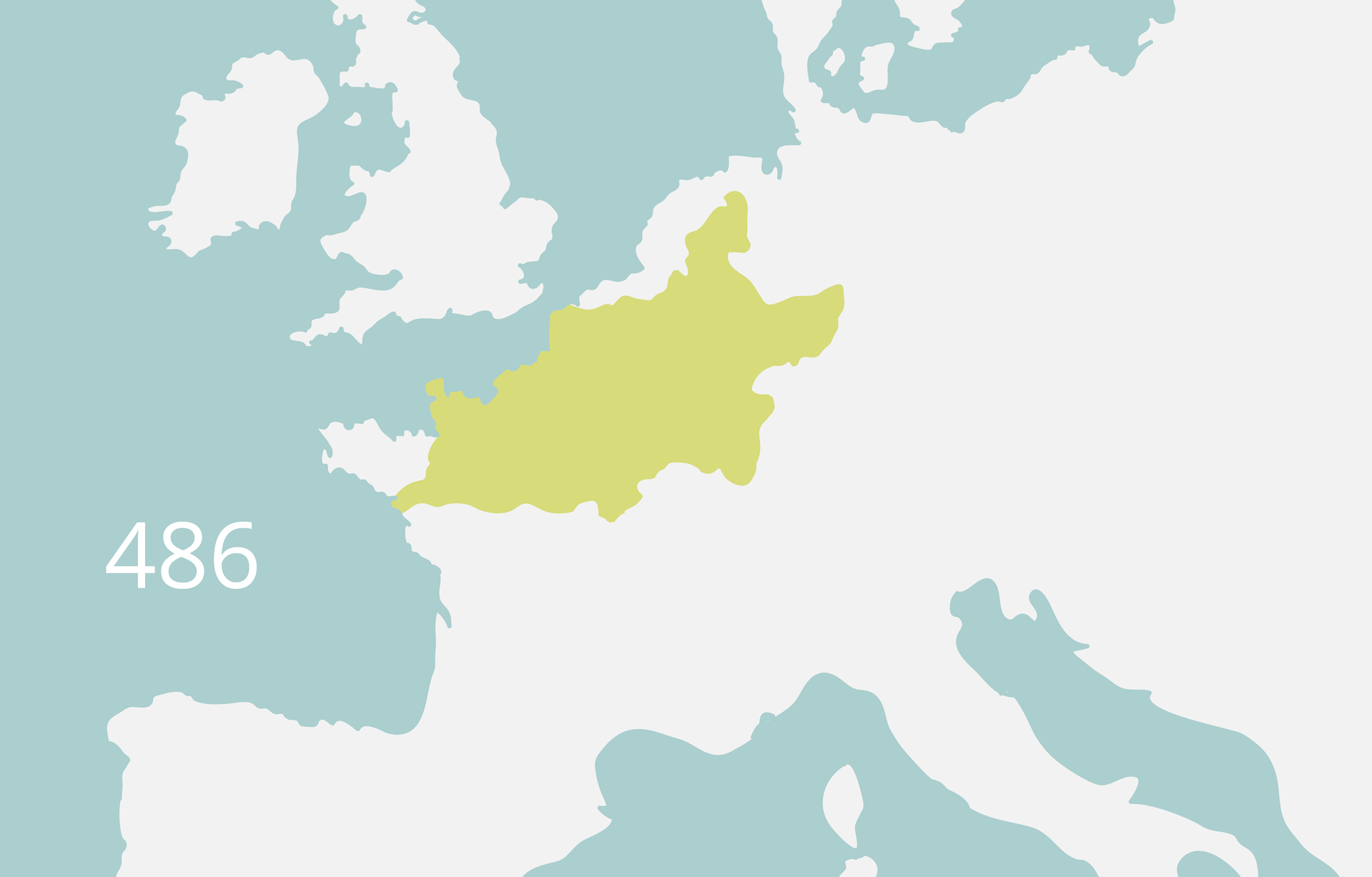 Mapa przedstawia państwo Franków w 486 roku. Tereny obejmują terytorium dzisiejszej północnej części: Niemiec, Francji, Holandii oraz Belgii.