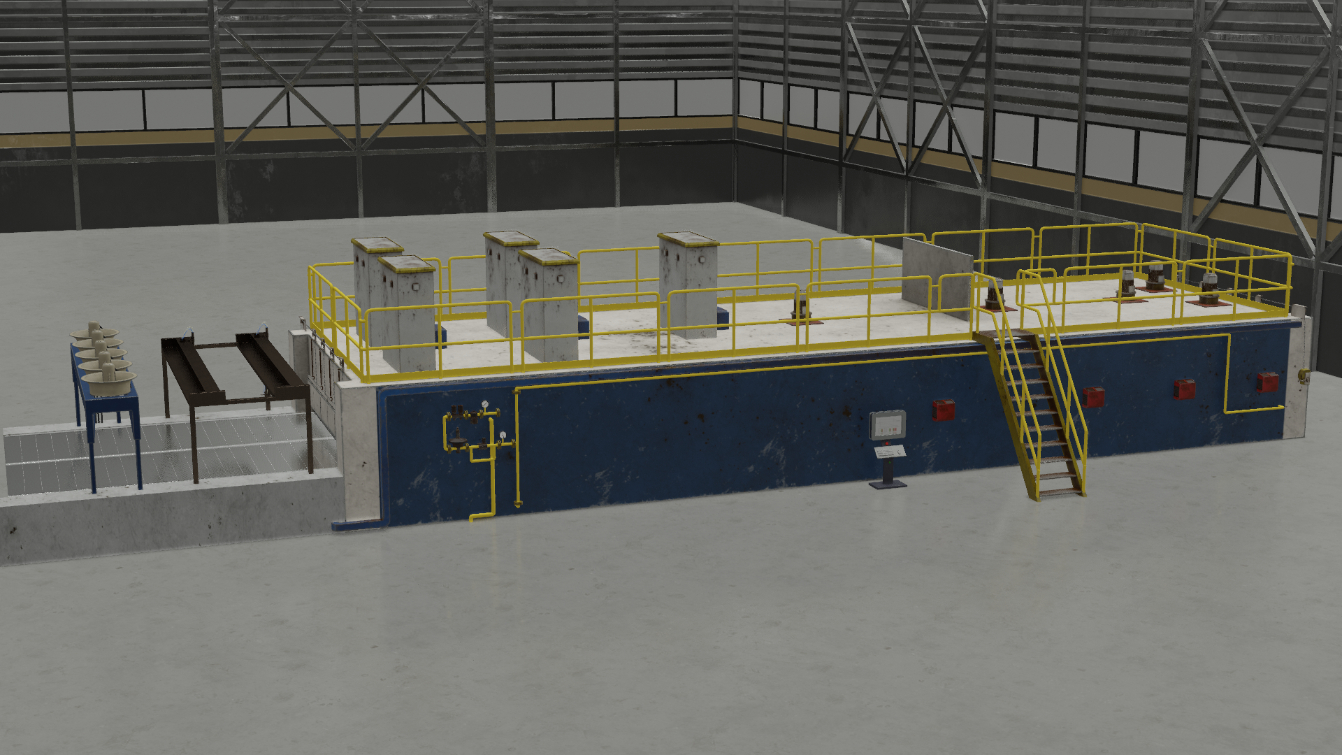 Ilustracja przedstawia dużą halę. Znajduje się w niej platforma, na którą wchodzi się po schodach. Na platformie jest kilka elementów przypominających niskie kominy.  