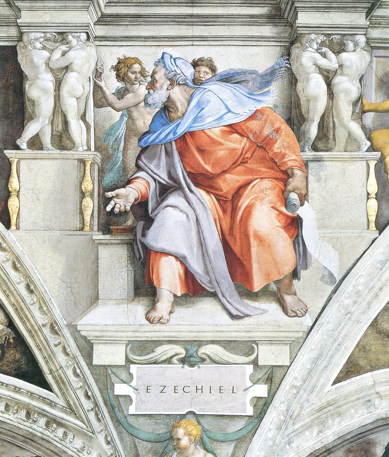 Ilustracja przedstawia fresk Michała Anioła Buonarottiego pt. „Ezechiel”. Na fresku znajduje się siedzący na tronie starzec. Mężczyzna ma długą siwą brodę, i jest ubrany w pomarańczowo-błękitną szatę. Głowę ma zwróconą w bok, w jednej ręce trzyma zwój. Za mężczyzną widoczne są dwie postaci.