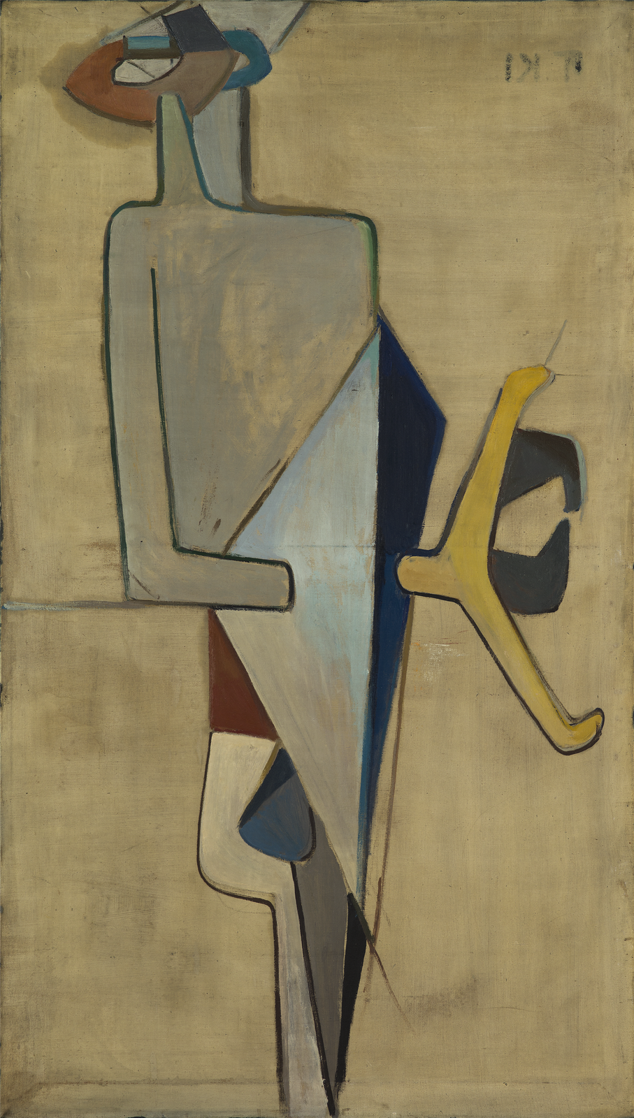 Obraz przedstawia bliżej nieokreśloną postać przypominającą człowieka. Postać ma kwadratowy tors, w dłoniach trzyma biało‑niebieską tarczę oraz żółte szczypce.