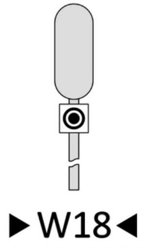 Wskaźnik wu osiemnaście. Biała kwadratowa tablica z czarnym obramowaniem. Znajduje się na niej czarny pierścień z czarnym kołem w środku.