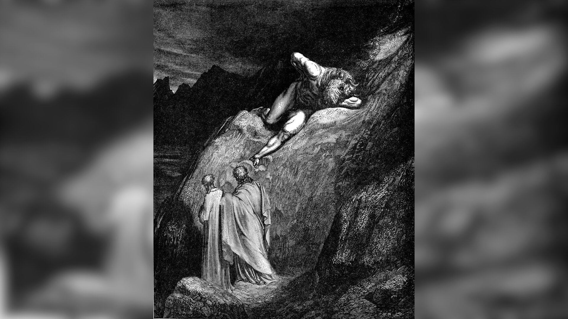 Rycina przedstawia skałę. U jej podnóża stoi dwóch mężczyzn w długich szatach. Na skale leży mężczyzna z głową byka. Mężczyźni przyglądają mu się.