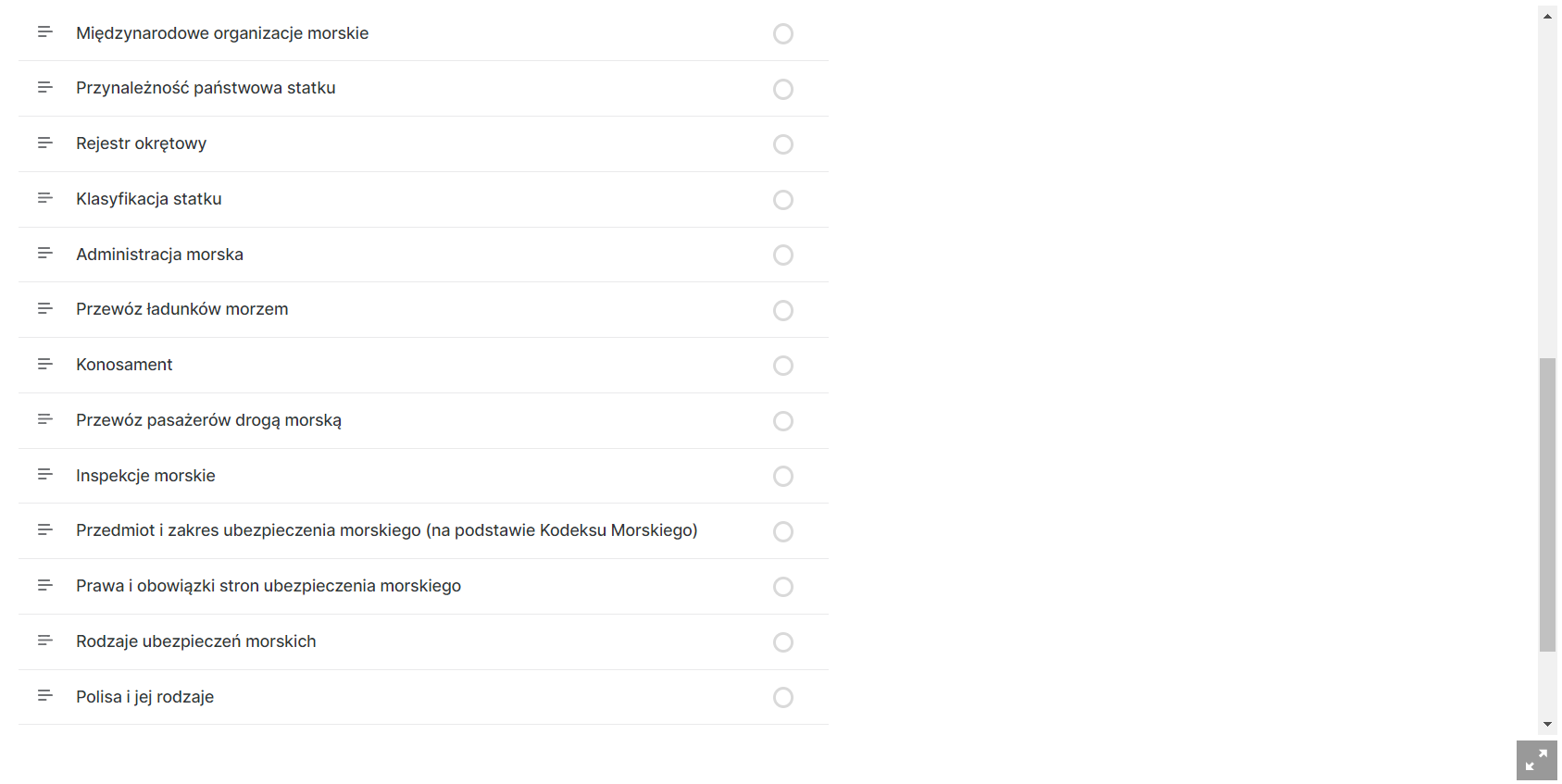 Grafika przedstawia przykładowy spis treści atlasu interaktywnego. Składa się on z zamieszczonych jeden pod drugim tematów rozdziałów atlasu. Z prawej strony każdego tematu znajduje się puste kółko.