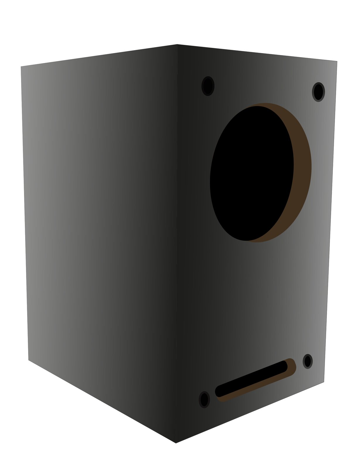 Zdjęcie przedstawia obudowę izobaryczną. Widoczny jest czarny prostopadłościan, w ujęciu trzy czwarte. Na przedniej ścianie widoczne są w dolnej części dwa czarne kółka, pomiędzy którymi znajduje się długi, czarny prostokąt z zaokrąglonymi rogami. Powyżej, w centralnej części, czarne koło. U góry, w prawym i lewym rogu widoczne jest czarne kółko.