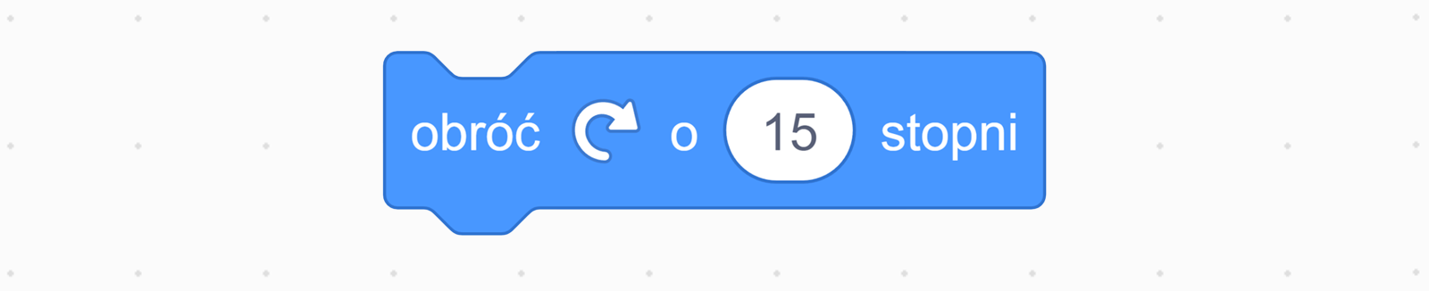 Na ekranie znajduje się niebieski klocek z napisem 'obróć w prawo o piętnaście stopni'.