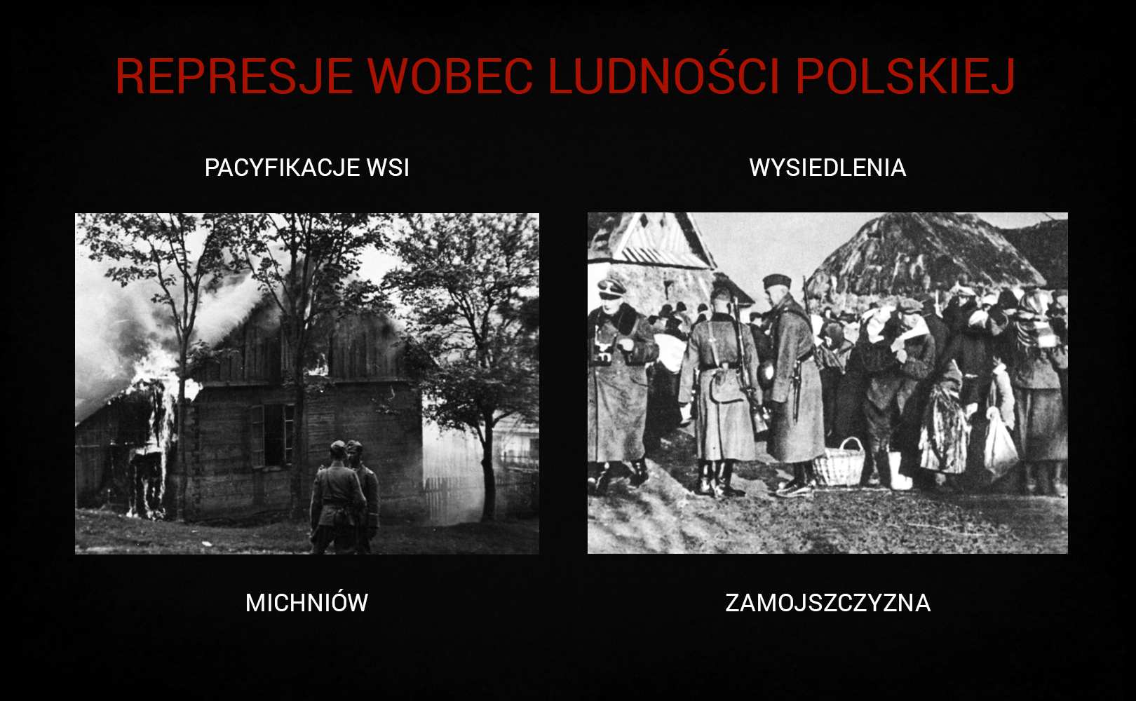 Plansza o tytule „Represje wobec ludności polskiej” składa się z dwóch ilustracji. Po lewej stronie planszy umieszczono podpisane zdjęcie z pacyfikacji wsi Michnów. Na fotografii płoną drewniane zabudowania. Stojący na pierwszym planie żołnierze niemieccy przyglądają się tej sytuacji. Z prawej strony planszy na fotografii pokazano moment wysiedlania ludności ze wsi na Zamojszczyźnie. Na pierwszym planie widać niemieckich żołnierzy w płaszczach i mundurach wojskowych. Na ramionach mają przewieszoną broń. Za nimi znajduje się tłum ludzi z tobołkami i koszami dobytku. W tyle zdjęcia widać drewniane zabudowania wsi.