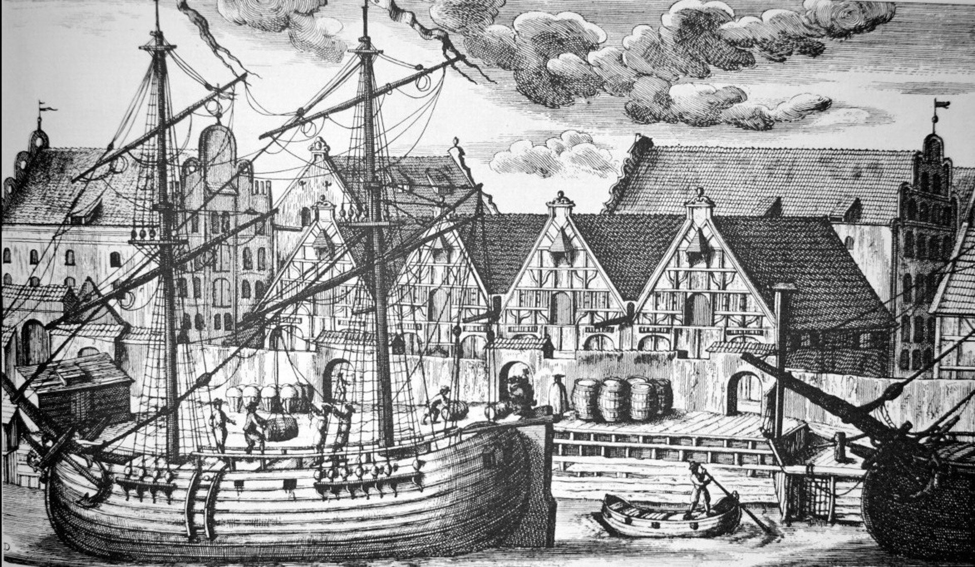 Ilustracja przedstawiająca Spichlerze Gdańskie - jeden z pierwszych symboli nowoczesnej infrastruktury portowej.