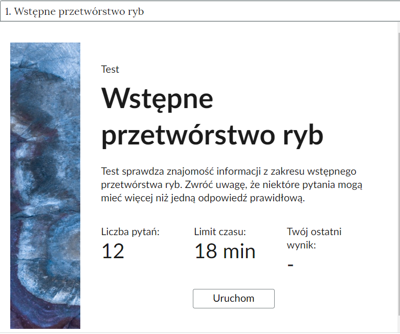 Grafika przedstawia przykładowy wygląd panelu testu. Składa się on z tytułu testu, informacji o liczbie pytań, czasie, w którym należy rozwiązać test, oraz o ostatnim uzyskanym wyniku. Poniżej widać przycisk Uruchom.