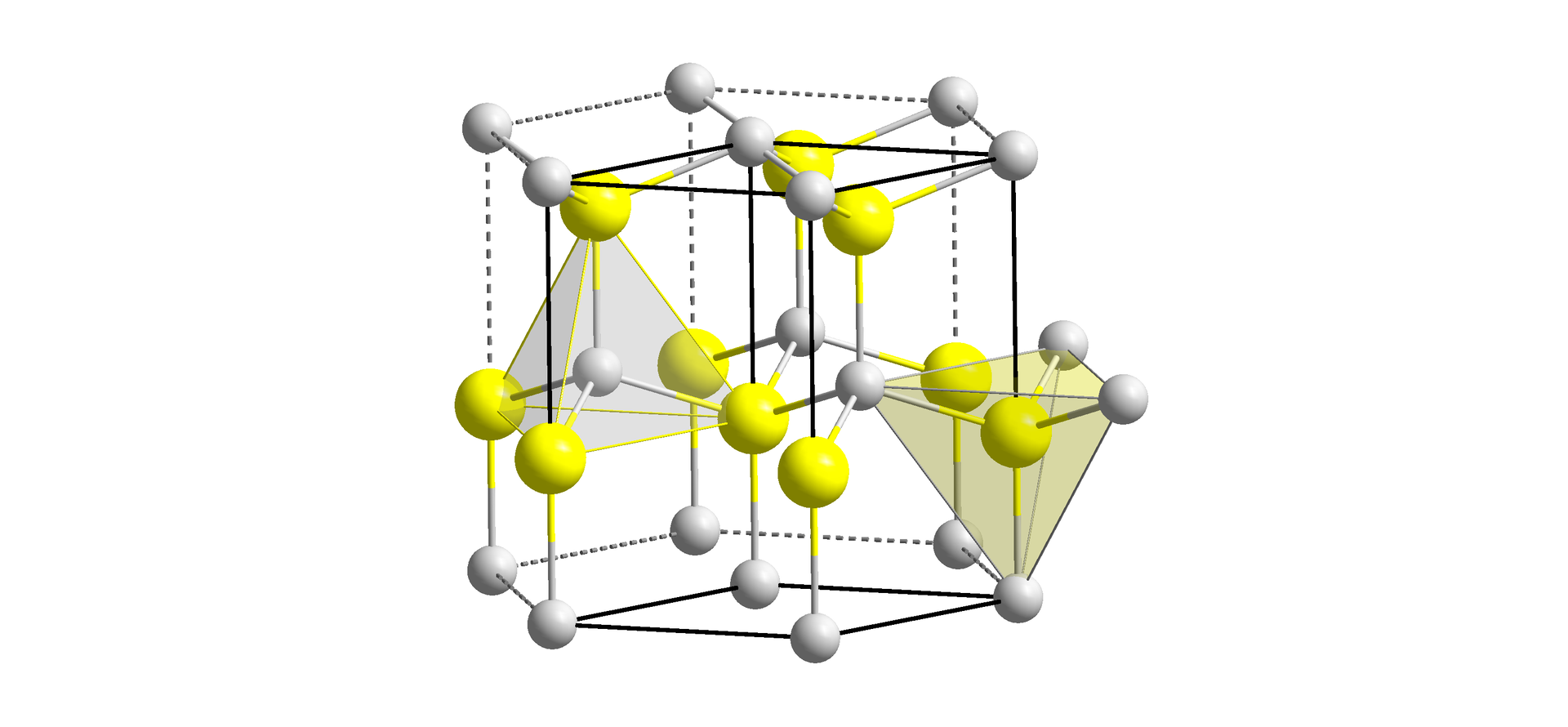 Ilustracja przedstawia strukturę wodorku miedzi(&lt;math aria‑label="jeden"&gt;I). Wodór przedstawiono jako białe kulki, a miedź jako żółte kulki. Strukturę przedstawiono na graniastosłupie o podstawie sześciokąta. Sześciokąt tworzy sześć atomów wodoru i jeden w centrum. Do każdego atomu miedzi przyłączone są cztery atomy wodoru, a takie pięcioatomowe ugrupowanie tworzy tetraedr, w którym atom miedzi znajduje się wewnątrz bryły.