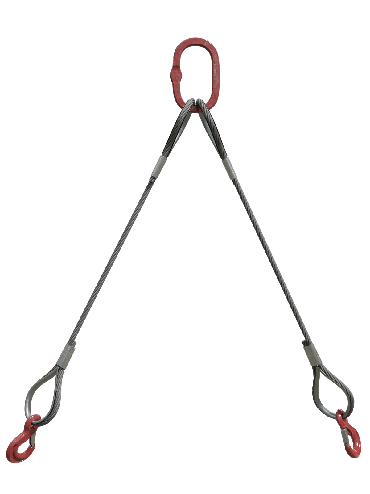 Na zdjęciu przedstawione jest zawiesie linowe dwucięgnowe zakończone z jednej stron hakiem z zabezpieczeniem z drugiej strony uchem z kauszą. Na zdjęciu widać dwa zawiesia linowe. Podstawą zawiesia jest stalowa lina. Splotki liny nachodzą na siebie tworząc strukturę zbliżoną do warkocza. Na dole i górze zdjęcia lina zakręca tworząc pętle. Końcówka liny po obu stronach jest spięta z główną części liny w okolicach początku pętli, stalową obejmą. Obejma jest zbliżona kształtem do cyfry osiem. Lina formująca, oczka w pętli przylega do kauszy czyli kształtki metalowej. Klausza zbliżona jest kształtem do łzy.W górnej części zdjęcia obydwa zawiesia są zaczepione zbiorczo na czerwonym ogniwie. Ogniowo jest o kształcie elipsy.W dolnej części zdjęcia na dwóch dolnych pętlach znajduje się czerwony hak. Hak wyposażony jest w zapadkę zamykającą ucho.
