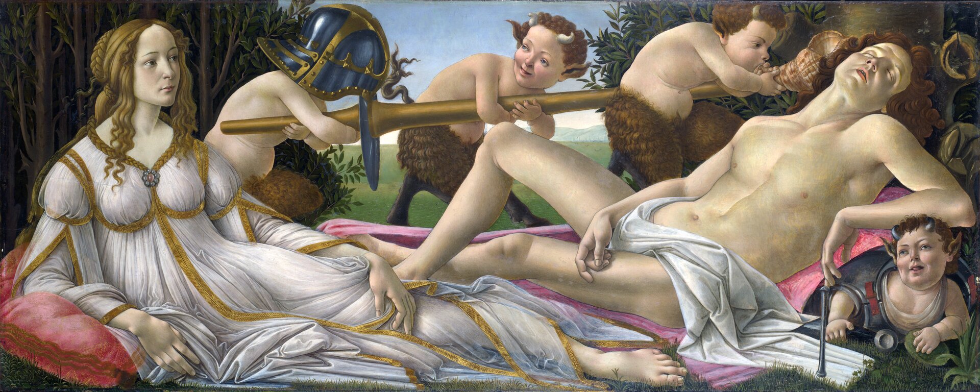 Ilustracja przedstawiająca obraz Sandro Botticelli „Wenus i Mars”. Na obrazie znajduje się kilka półnagich postaci. Na pierwszym planie widoczna jest Wenus w długiej, jasnej sukni. Kobieta ma jasne, kręcone włosy. Na wprost niej leży mężczyzna - Mars. W pasie przykryty jest jasnym materiałem. Mężczyzna śpi. Dookoła postaci znajdują się małe, uśmiechnięte fauny. Za postaciami widzimy liczne drzewa.