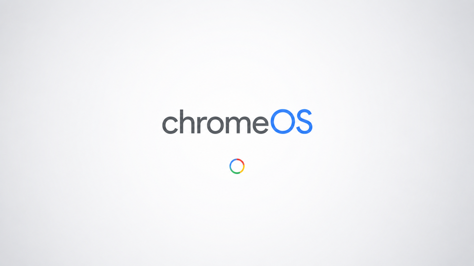 Na zdjęciu przedstawiono ekran powitalny dla Chrome OS Flex.W centralnej części zdjęcia na białym tle znajduje się logo Chrome. Logo jest w kształcie okręgu. W centralnej części okręgu znajduje się niebieskie koło z białą obwódką. Pomiędzy zewnętrznym okręgiem a białą obwódką widoczne są trzy kolory czerwony, żółty, niebieski. Całość przypomina obracającą się piłkę. Obok loga znajduje się napis: Chrome.