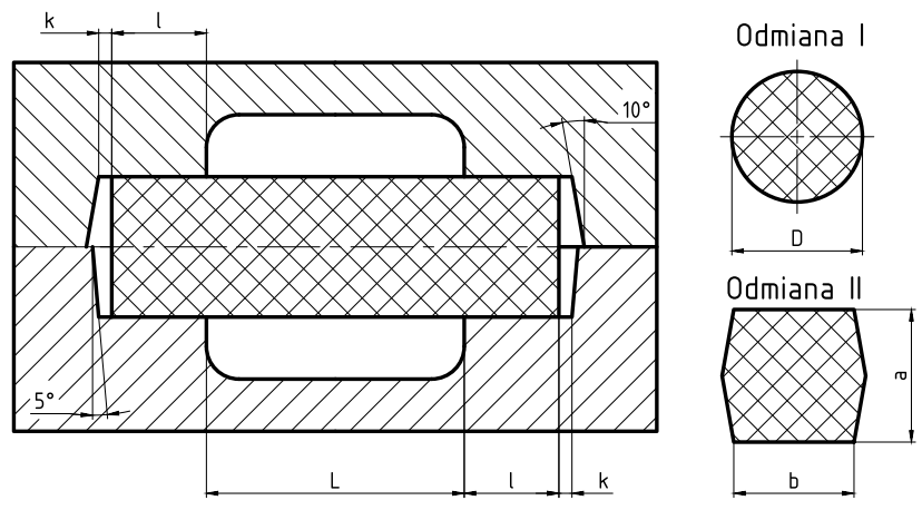 Rysunek piąty. Na ilustracji przedstawione są wymiary  i zabudowa rdzeni poziomych. Po lewej stronie znajduję się duży prostokąt, który jest zabudową dla rdzenia. Prostokąt ten podzielony jest w połowie, na dolą i górną połowę. Wewnątrz znajduję się zakreskowany rdzeń, który ma kształt prostokąta. Rdzeń po prawej i lewej stronie zakończony jest prostokątnymi znakami rdzeniowymi, które z jednej strony, nie przytulające do rdzenia, są zakończone pochylonymi bokami do powierzchni podziału zabudowania. 
Pochylenia są pod kątem 5 i 10 stopni, u góry 10 stopni, natomiast u dołu 5 stopni. Wewnątrz zabudowy  znajduję się otwór który jest umiejscowmy na samym środku, po dwóch bokach i ma długość rdzenia, natomiast l oznacza długość znaku rdzeniowego, które są przedłużeniem rdzenia. Po prawej stronie znajdują się dwie odmiana rdzenia przedstawione od boku. Pierwsza odmiana jest ro rdzeń okrągły o średnicy D, natomiast druga jest to sześciokąt o wysokości hi długości a. 

