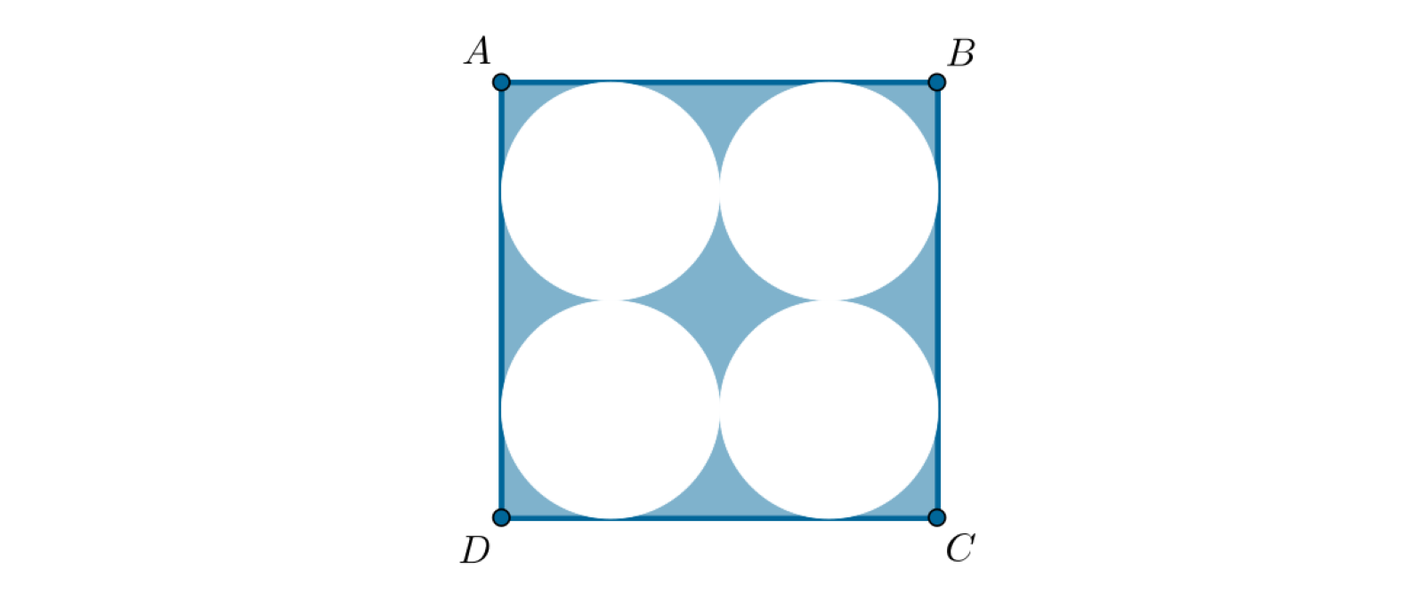 Na rysunku znajduje się kwadrat ABCD.  Z wnętrza kwadratu usunięto cztery jednakowe koła. Każde koło ma średnicę równą połowie długości boku kwadratu. Zacieniowana część figury to pozostałości kwadratu po usunięciu z niego kół.