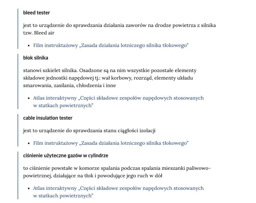 Zrzut ekranu przedstawia kilka pojęć ze Słownika. Konstrukcja jest następująca: pojęcie, poniżej jego wyjaśnienie, a pod nim znajduje się link, po którego kliknięciu użytkownik przenosi się do rozdziału w tym materiale, w którym dane pojęcie jest wykorzystywane. Linków może być jeden lub kilka, w zależności od tego, w ilu rozdziałach użyto pojęcia.