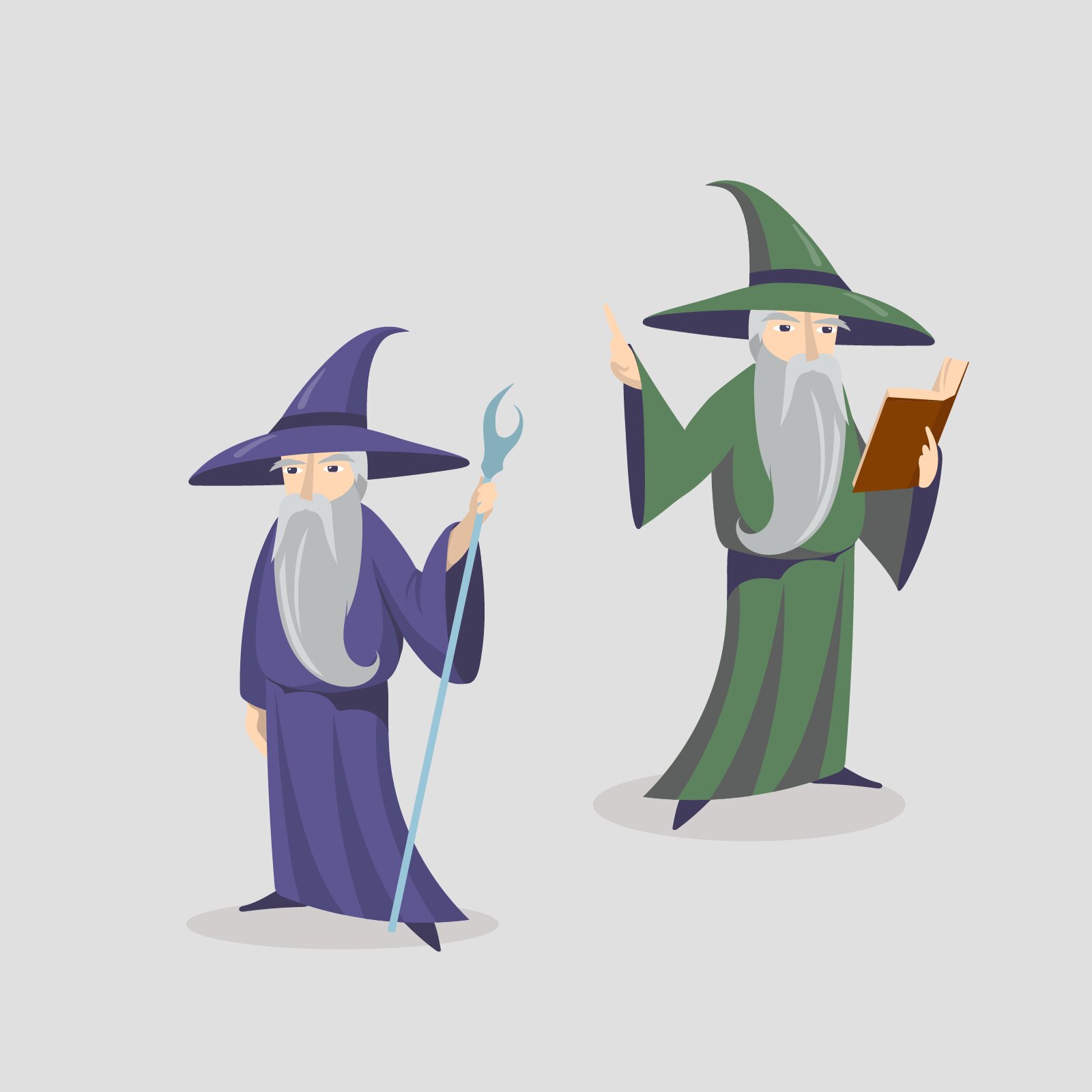 Ilustracja przedstawia dwóch czarodziejów z długimi brodami i szpiczastymi kapeluszami. Jeden trzyma długą laskę, drugi otwartą księgę.