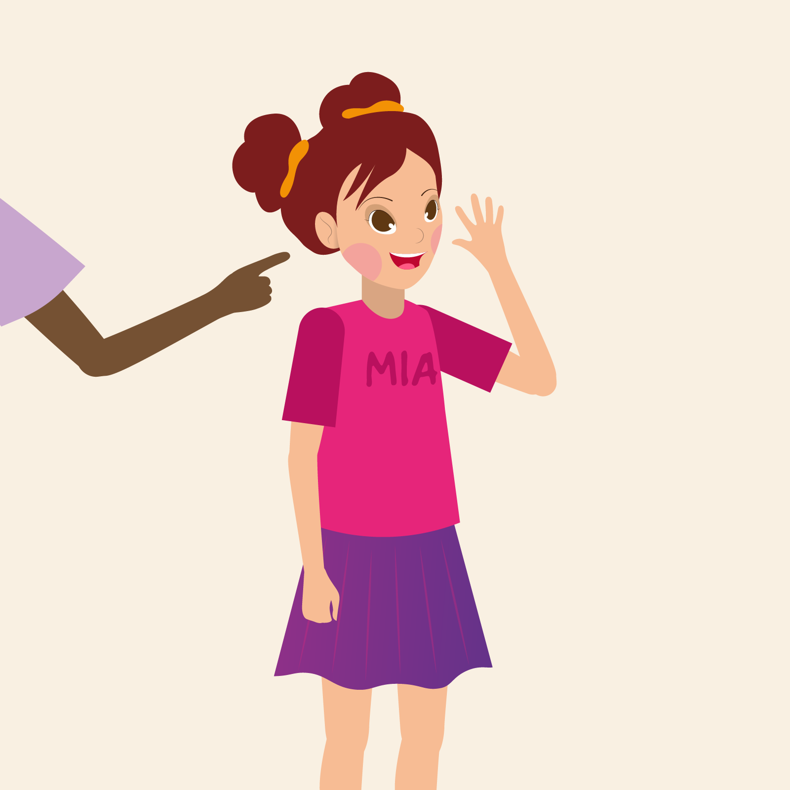 Ilustracja przedstawia Mię trzymającą rękę w górze. Za pleców wychyla się czarnoskóra dłoń wskazująca palcem w jej stronę.