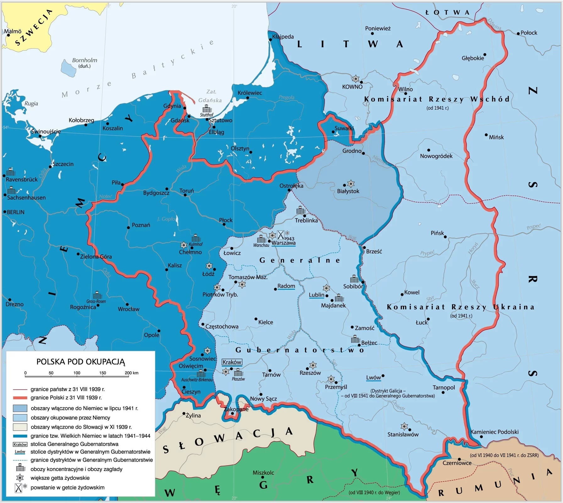 Mapa przedstawia Polskę pod okupacją. Kolorem czerwonym oznaczono granicę Polski z 31 sierpnia 1939 roku. Na zachodzie są Niemcy, na południu Słowacja, Węgry i Rumunia, na wschodzie ZSRS, na północy Litwa i Łotwa. Obszary włączone do Niemiec w lipcu 1941 roku obejmują tereny zachodnie Polski. Obszary okupowane przez Niemcy to Generalne Gubernatorstwo w centralnej części Polski, Litwa oraz część ZSRS z Komisariatem Rzeszy Wschód i Komisariatem Rzeszy Ukraina. Na południu Polski jest mały obszar włączony do Słowacji w listopadzie 1939 roku. Stolicą Generalnego Gubernatorstwa jest Kraków. Większa getta żydowskie znajdują się w następujących miejscowościach: Chełmno, Łódź, Warszawa, Piotrków Trybunalski, Sosnowiec, Kraków, Lublin, Rzeszów, Przemyśl, Stanisławów, Białystok, Kowno. Obozy koncentracyjne i obozy zagłady znajdują się w następujących miejscowościach: Ravensbrück, Sachsenhausen, Gross‑Rosen, Kulmhof, Auschwitz‑Birkenau, Warschau, Treblinka, Majdanek, Płaszów, Bełżec. Na mapie oznaczono powstanie w getcie żydowskim w Warszawie w 1943 roku.