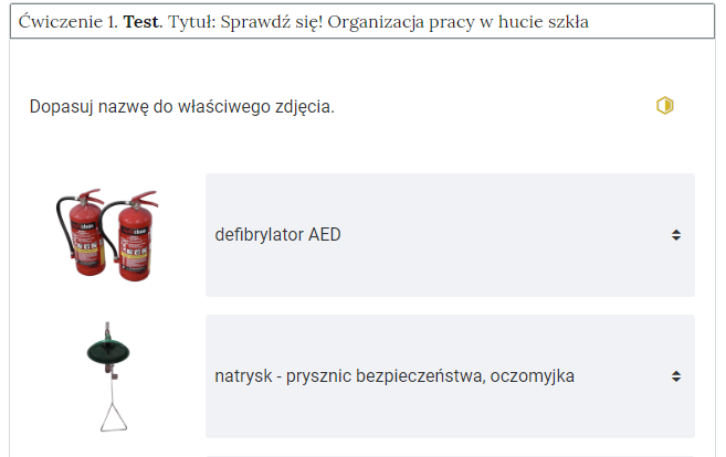 Grafika przedstawia przykładowe ćwiczenie, będące elementem interaktywnych materiałów sprawdzających. Ćwiczenie 1 dotyczy organizacji pracy w hucie szkła. W ramach ćwiczenia należy połączyć obrazki sprzętów z ich opisami.