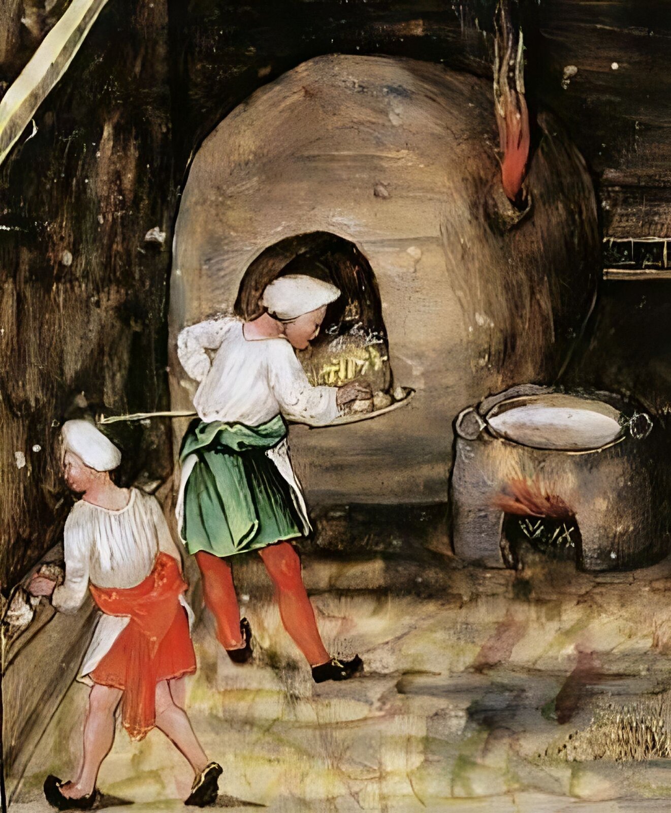 Ilustracja przedstawia rycinę z kodeksu średniowiecznego, pokazującą dwóch piekarzy w fartuchach i czepkach pracujących w zakładzie. Jeden z nich, przedstawiony w centrum ilustracji, wkłada pieczywo do rozgrzanego pieca. Drugi, przedstawiony bliżej lewej krawędzi u dołu lepi ciasto. 