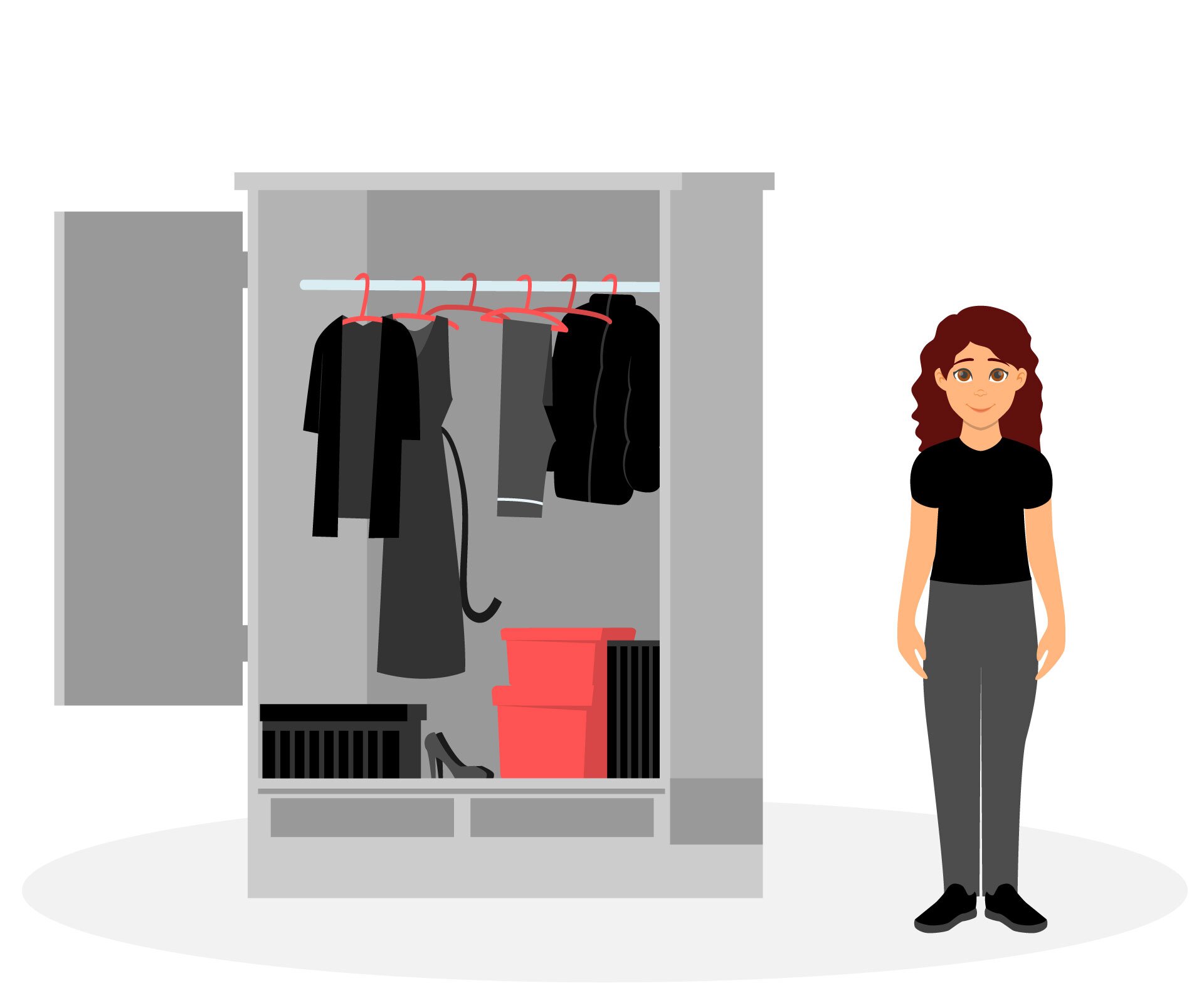 Ilustracja przedstawia kobietę stojącą przed otwartą szafą na ubrania. W środku widoczne są ubrania tylko w kolorze czarnym wiszące na wieszakach. Pudła i pudełka zajmują dolną część szafy. W tej części widoczna jest również para czarnych pantofli. 