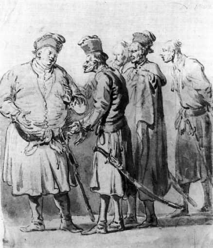 Rysunek przedstawia czterech bardzo szczupłych mężczyzn oraz jednego otyłego. Wszyscy ubrani są w przedłużane marynarki nazywane żupanami. Przy pasie maja szable. Szczupli mężczyźni wyglądają na wychudzonych, głodnych, chorych. Tęgi mężczyzna wzbrania się przed nimi, unosząc dłonie.