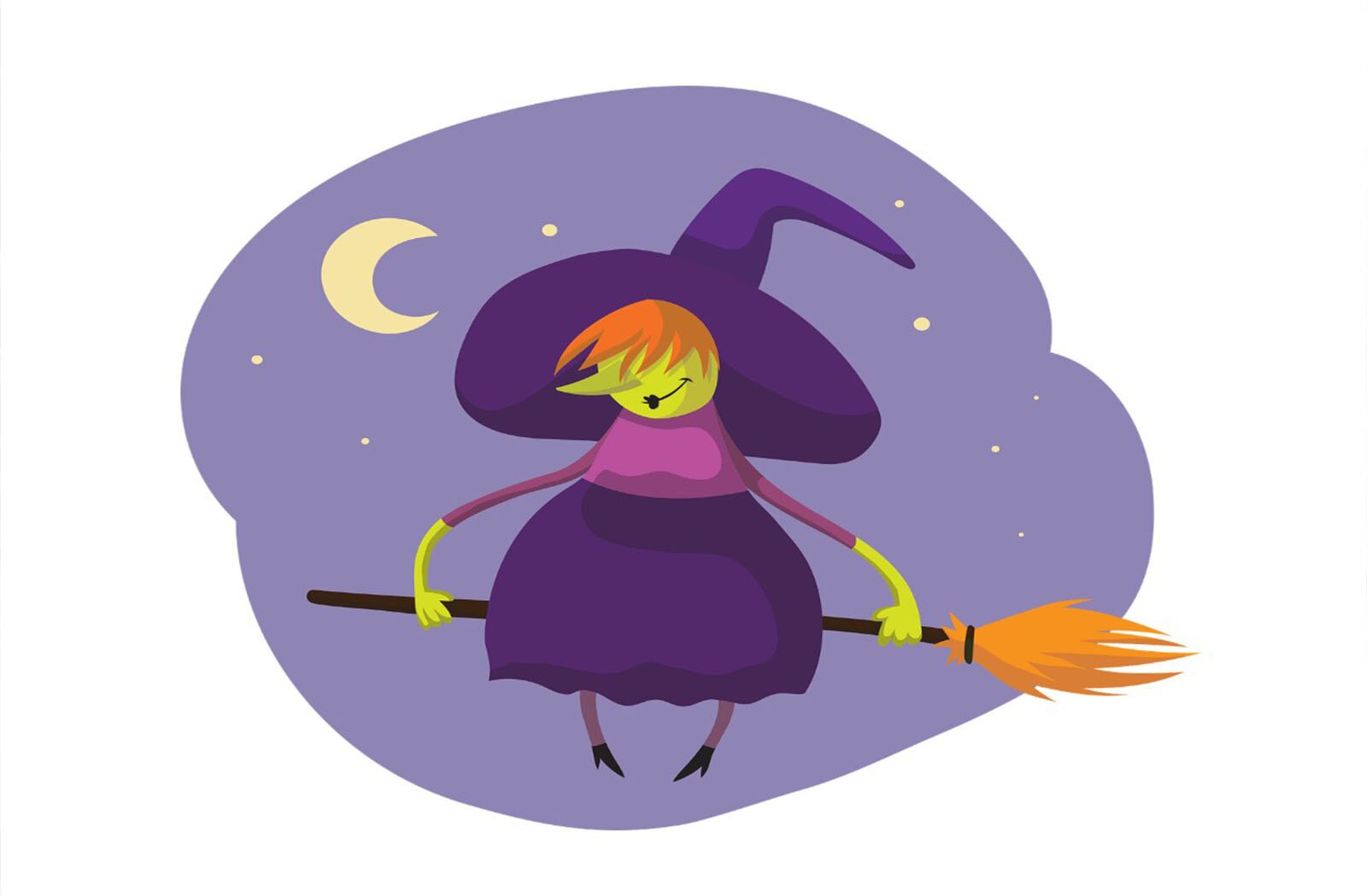 Grafika przedstawiająca uśmiechniętą czarownicę siedzącą na miotle, na tle fioletowego nieba z gwiazdami i księżycem. Czarownica ma pomarańczowe włosy i długi nos. Ubrana jest w fioletową spódnicę i jasnofioletową bluzkę. Na głowie ma wielki, fioletowy kapelusz. 