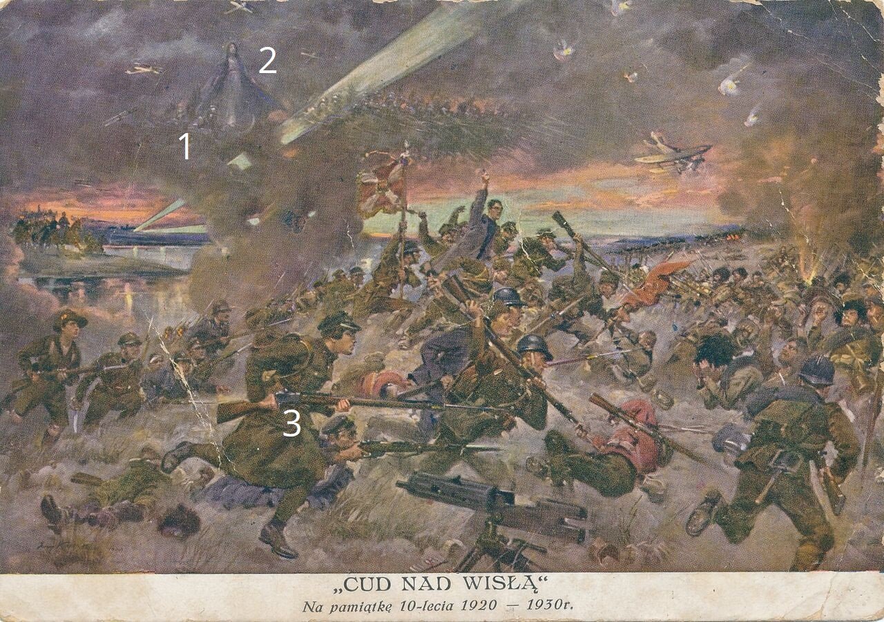 Jerzy Kossak, Cud nad Wisłą, olej na płótnie, 1930 r. Reprodukcja obrazu na zabytkowej pocztówce ze zbiorów Muzeum Zagłębia w Będzinie.