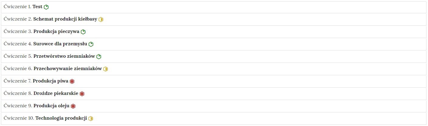 Grafika przedstawia przykładowy widok ogólny harmonii z dziesięcioma interaktywnymi materiałami sprawdzającymi. Jest to kolumna z dziesięcioma wierszami. Wewnątrz każdego z nich został umieszczony numer ćwiczenia wraz z nazwą działu, którego dotyczy. Z boku dodatkowo znajduje się ikonka w kształcie sześciokąta oznaczająca poziom trudności. Zielona oznacza łatwy, żółta średni, a czerwona trudny. Po kliknięciu danego wiersza ukazuje się wybrane ćwiczenie.