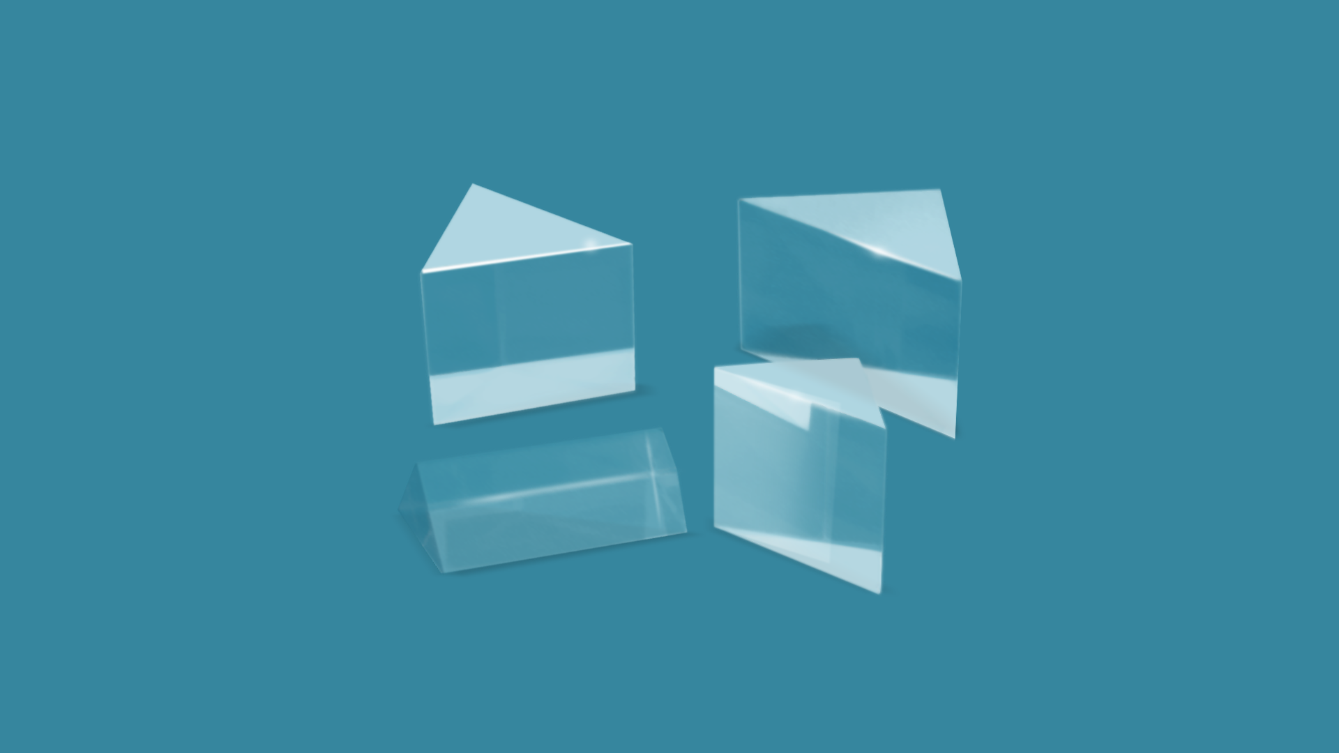 Ilustracja przedstawia cztery przezroczyste pryzmaty w różnych ustawieniach na niebieskim tle.