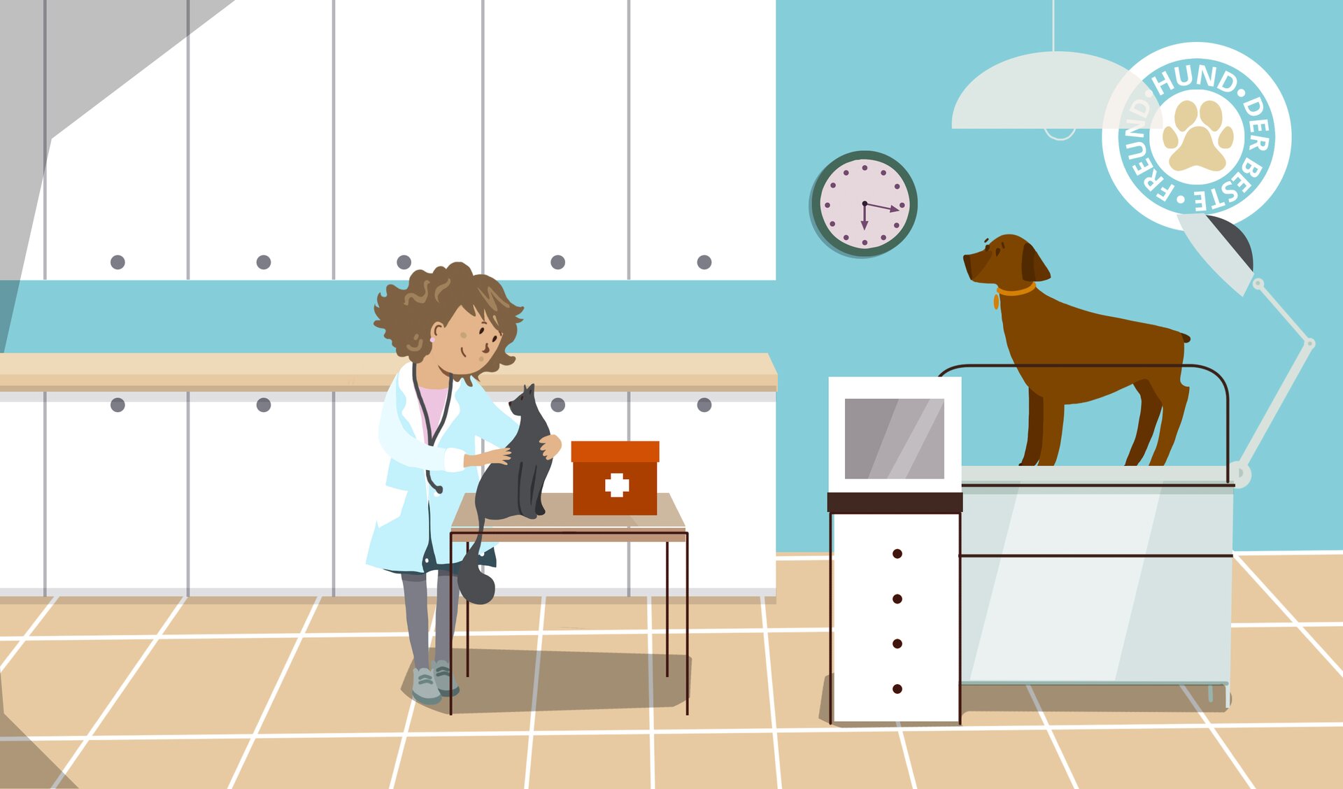 Przedstawiona ilustracja ukazuje wnętrze gabinetu lekarza weterynarii. W pomieszczeniu widoczna jest kobieta ubrana w fartuch lekarski, na szyi ma stetoskop. Stoi obok stołu, na którym siedzi kot, obok znajduje się czerwone pudełko z białym krzyżem na powierzchni.  Nieco dalej, po prawej stronie, na podwyższeniu, znajduje się pies. Przy podwyższeniu umieszczony jest monitor, w tle można dostrzec zawieszone szafki. Na kole, umieszczonym na ścianie, widnieje napis: „Hund der beste Freund", a w środku znajduje się ikona psiej łapy. Nagranie dźwiękowe dostępne poniżej. 