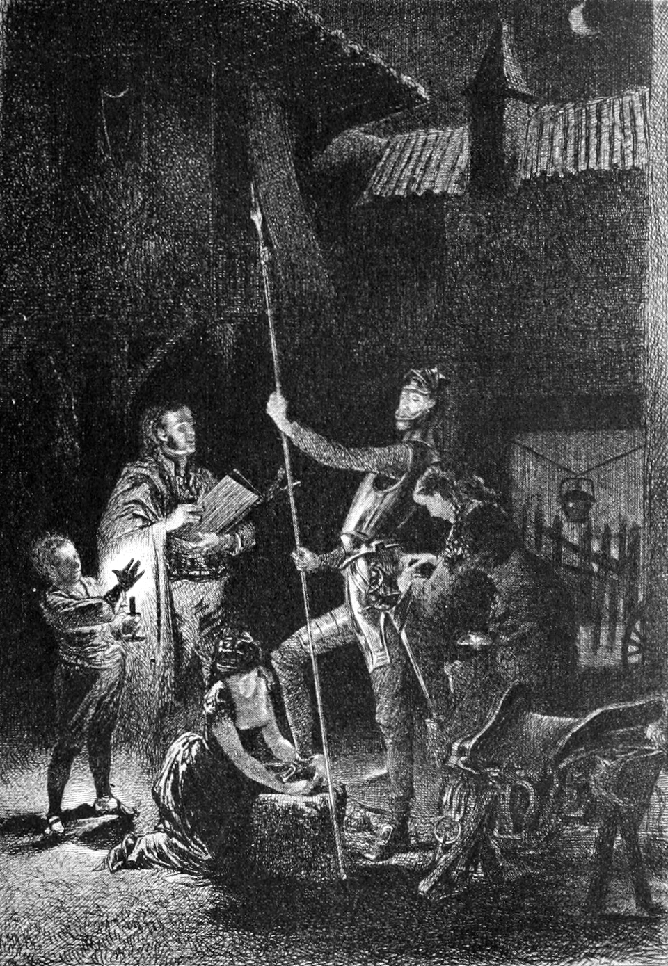 Ilustracja przedstawia scenę rozgrywającą się przed zajazdem. Prezentuje dumnego, wysokiego mężczyznę. Postać ukazuje lewy półprofil. Mężczyzna jest częściowo ubrany w zbroję rycerską. W dłoniach trzyma halabardę. Prawą nogę opiera o pień drzewa. Dwie młode kobiety pomagają mu w ubieraniu się. Jedna zapina coś na lewym biodrze mężczyzny. Druga klęczy i poprawia lewy but rycerza. Przed mężczyzną stoi drugi mężczyzna. Ukazuje prawy profil. W dłoniach trzyma otwartą księgę. Patrzy na rycerza. Mówi coś. Obok niego stoi kilkuletni chłopiec, trzyma w prawej dłoni zapaloną świecę. Obok tej grupy leży końskie siodło. Wokół stoją zabudowania karczmy. Nad nimi świeci księżyc.