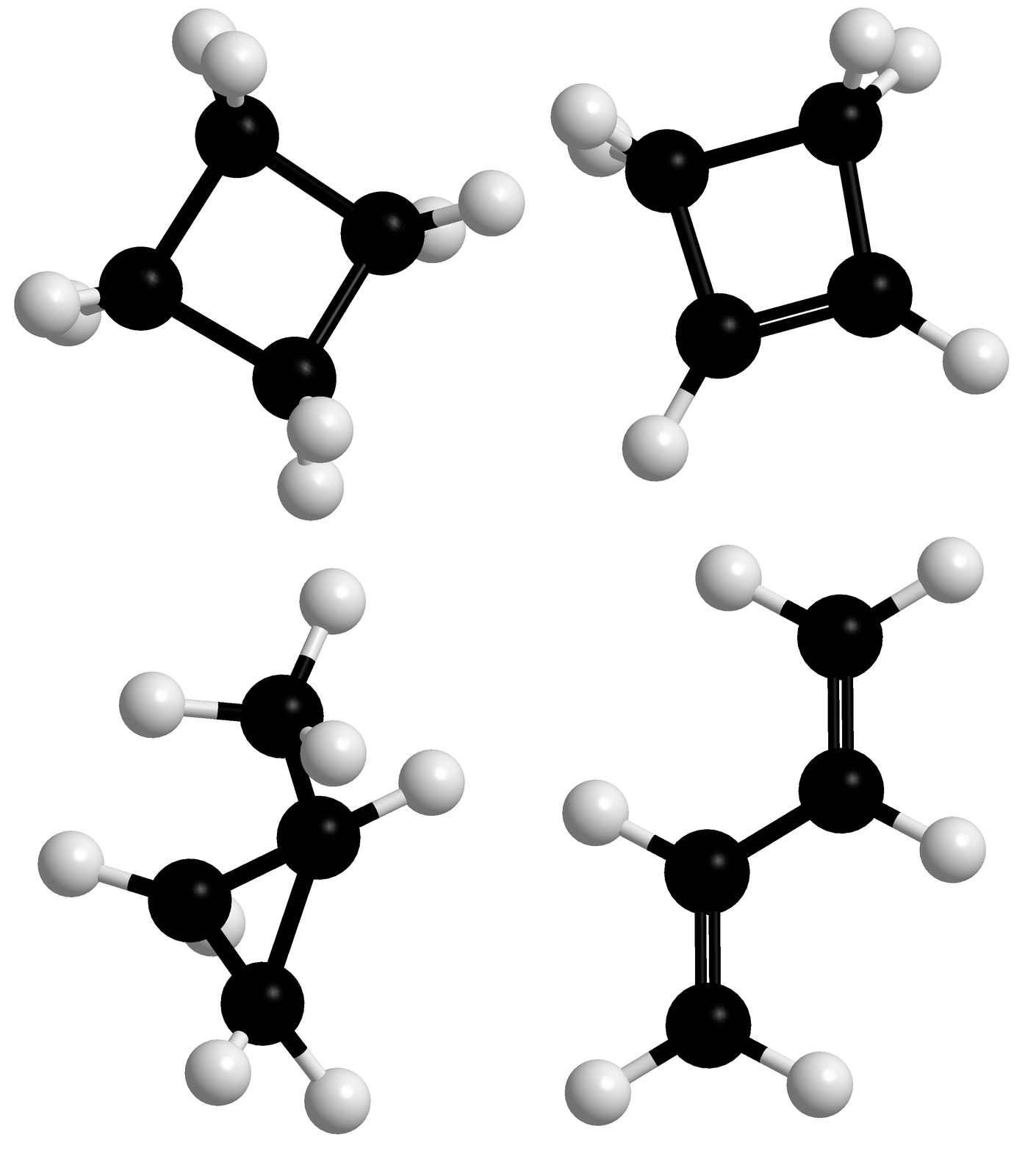 Modele 3D węglowodorów cyklicznych, zbudowanych z czterech atomów węgla oraz buta–1,3–dienu