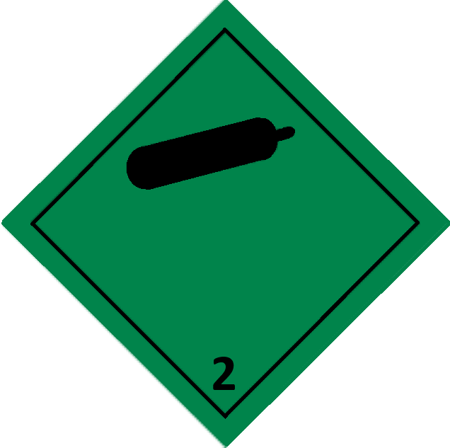 Ilustracja przedstawia oznaczenie gazów niepalnych i nietrujących. Oznaczenie to ma kształt rombu i kolor zielony i posiada czarną ramkę wewnątrz której znajduje się symbol walca oraz liczba dwa.